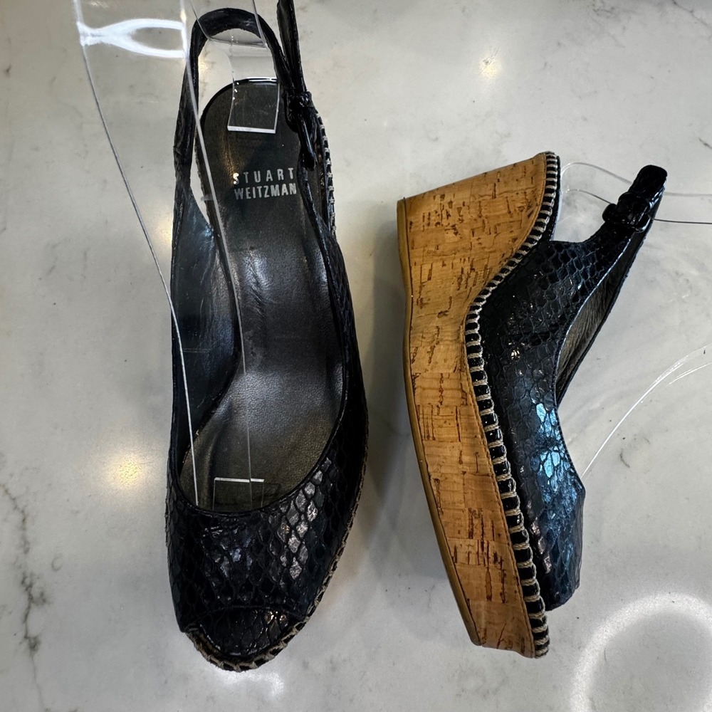 Stuart Weitzman Women 6.5 Black Snakeskin Embossed Cork Wedge Slingback Sandals - Picture 15 of 15